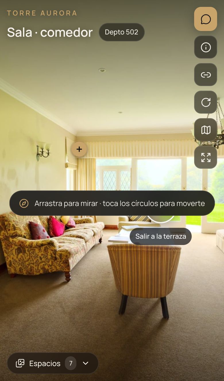 Recorrido 360° de la sala abierto en un celular
